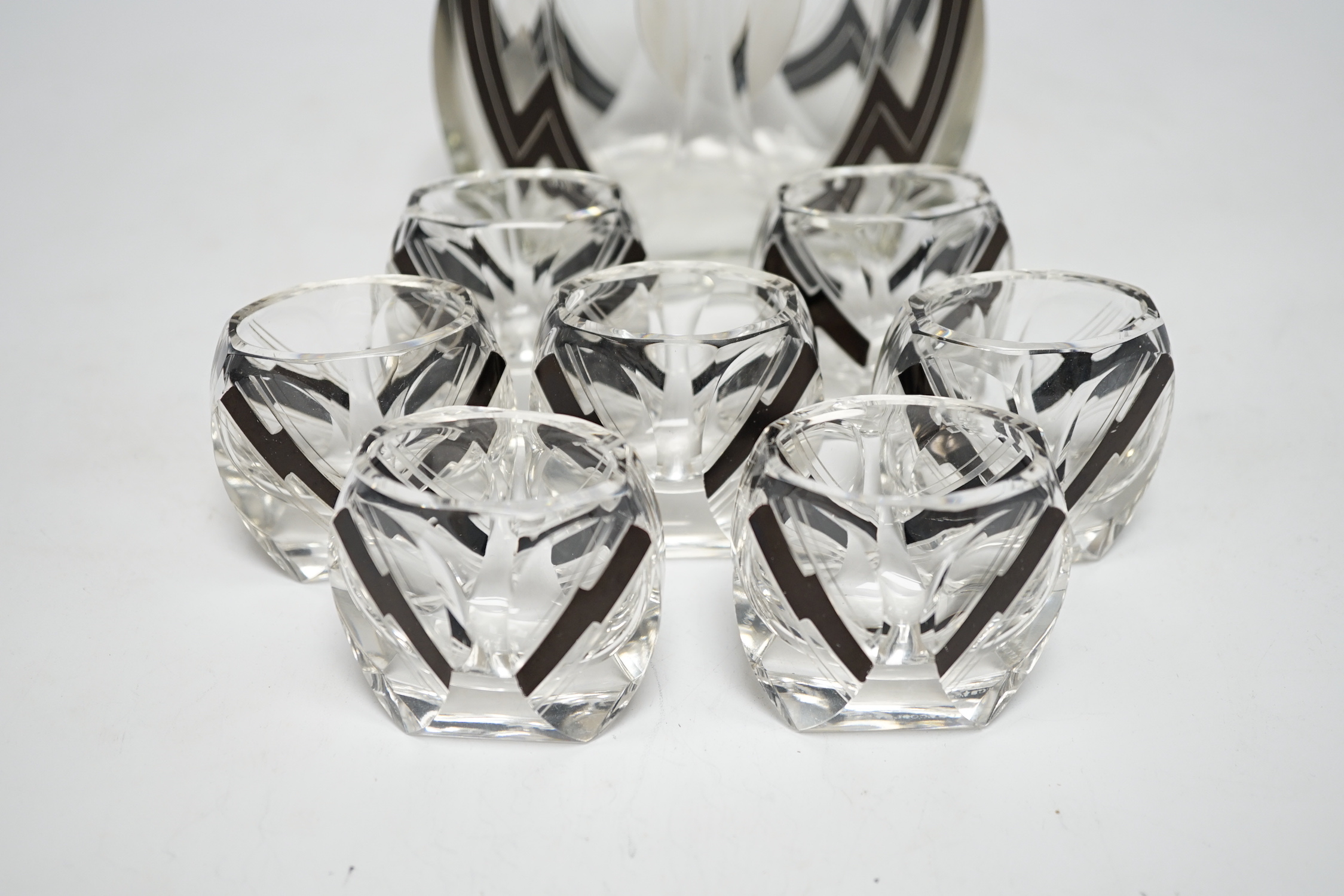 An Art Deco Czechoslovakian glass liqueur set, decanter height 21cm